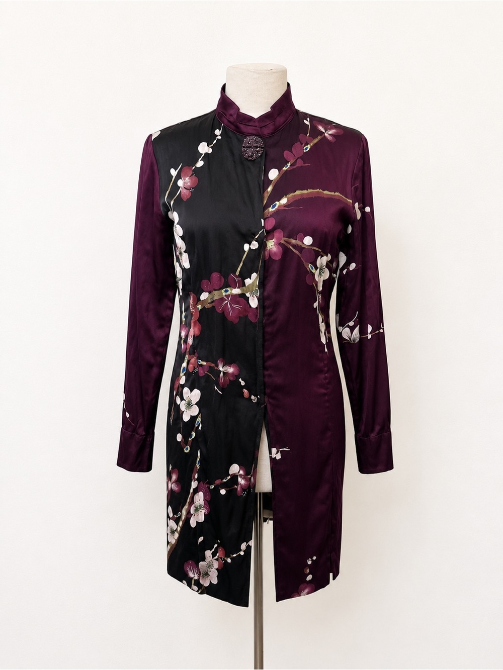 Citron Asian Fusion Romantic Silk Blend Wearable Art Cherry Blossom Tunic Top